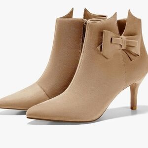 Ermonn Pointed Toe Ankle Boots Stiletto Heels Side Zipper Bow Faux Suede Boots